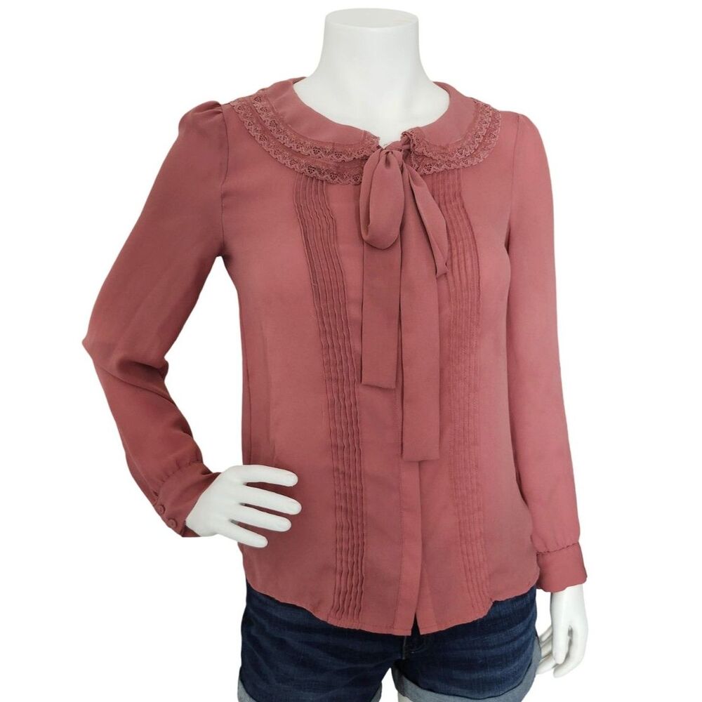 LC Lauren Conrad Runway Pintuck Tie Neck Blouse S